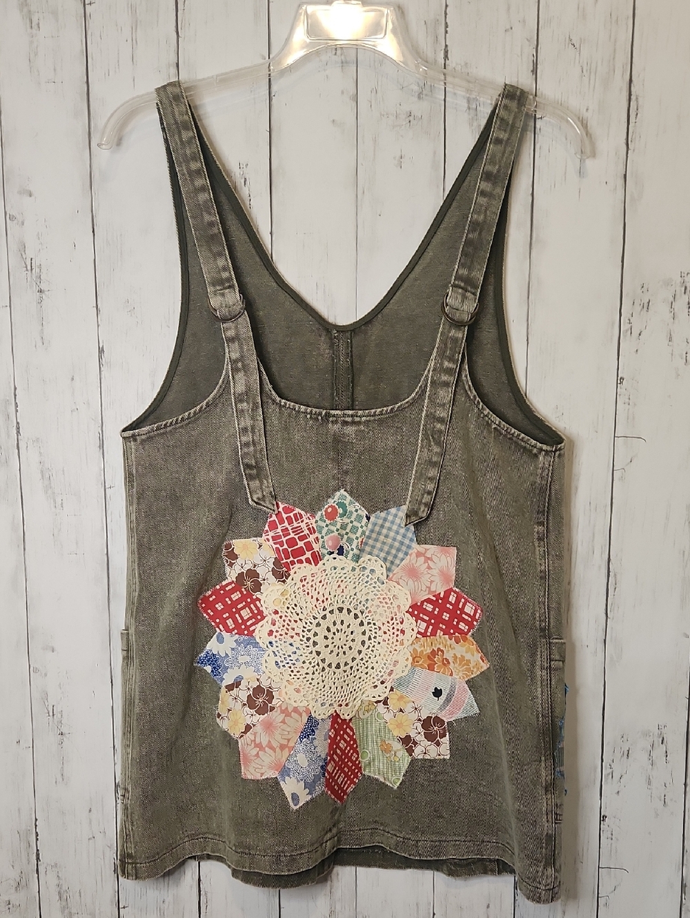 Olive Green Quilted Patchwork Mini Dress with Crochet Accent